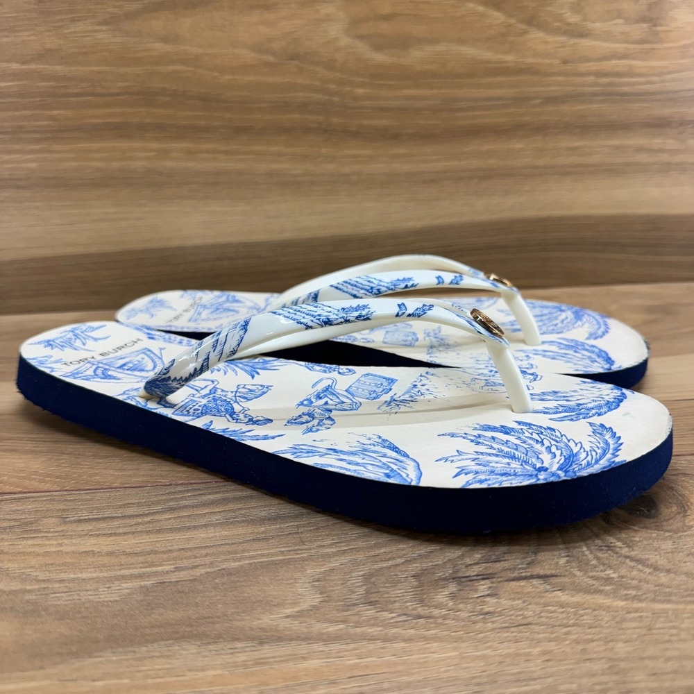 Tory Burch Far And Away Flip Flops Womens 8 M Blue Cream Travel Thong Sandals - Picture 2 of 10
